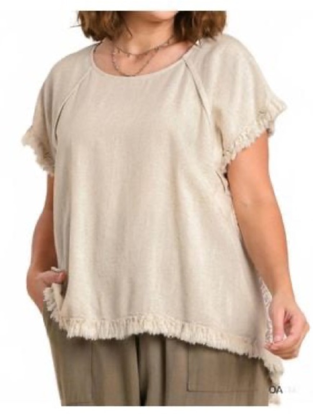 Umgee Beige Fringe-Hem Round-Neck Tunic Top